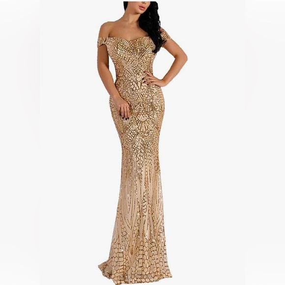 Miss Ord Dresses & Skirts - 🔥HOT SALE🔥 Miss Ord Women Gold Off-Shoulder Sequined Gown Dress